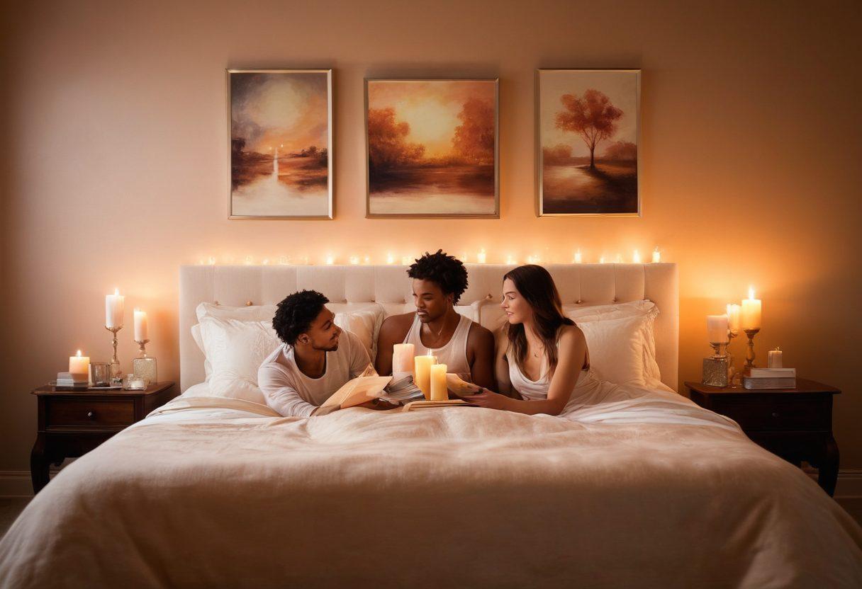 A calming and intimate environment showcasing a couple comfortably lounging on a plush bed adorned with soft, romantic colors. The room is filled with candles, soft lighting, and tasteful artwork that evokes sensuality and warmth. Elements of books and educational materials subtly integrated into the scene to represent sexual wellness and education. An aura of intimacy and connection between the couple, creating a space of love and learning. soft focus. warm tones. super-realistic.